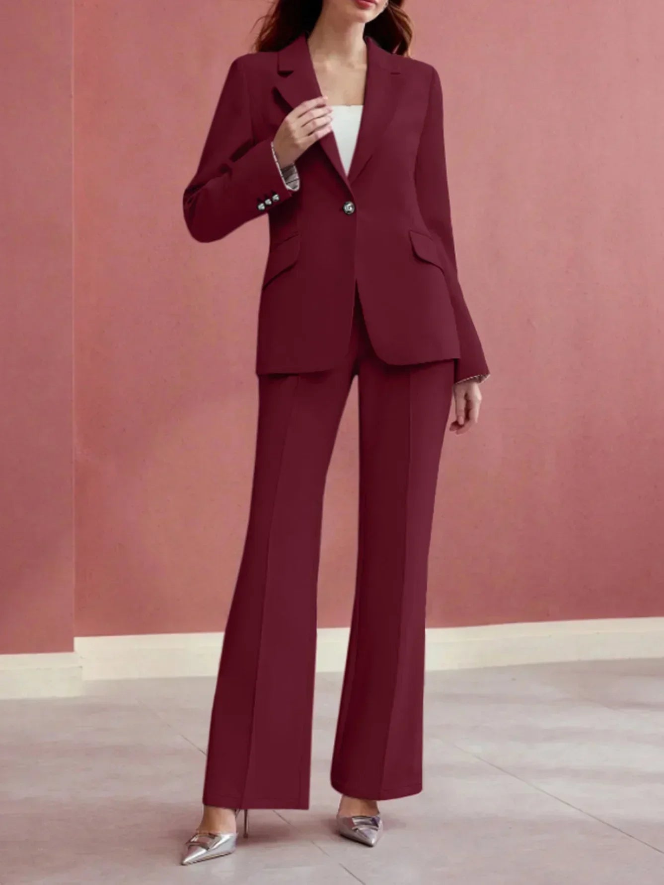 Women'S Elegant Solid Color Commuter Daily Wear Peak Lapel Suit Jacket And  Waist Straight Trousers Suit Two-Piece Suit
