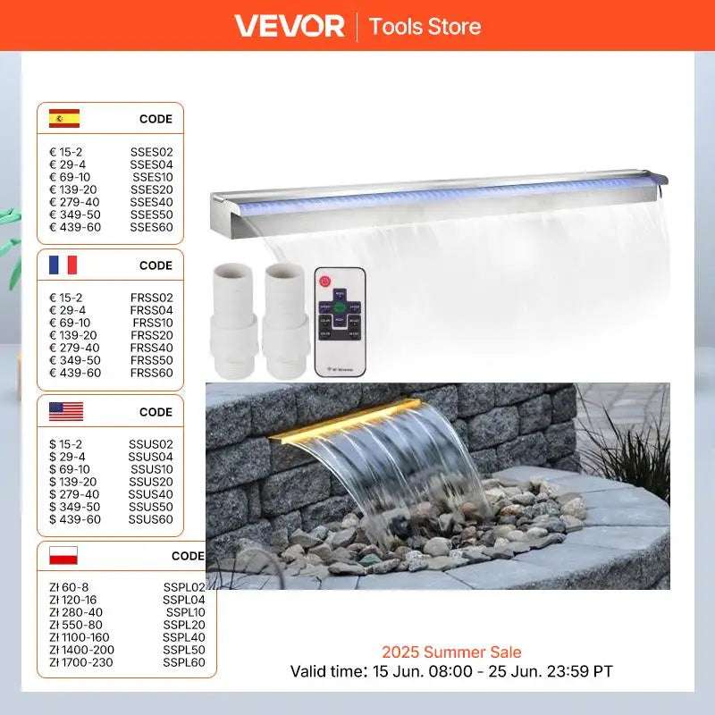 VEVOR 30-150CM Pool Fountain Waterfall With Light Water Pipe Acrylic Fountain Pond Garden Swimming Feature Decorative Fountain