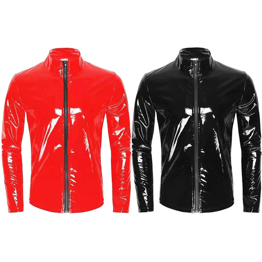 Men Zipper Cardigan Stand Neck Shirt Pvc Glossy Patent Leather Sexy Tight Stretch Latex Outerwear Male Motorbike Clothing