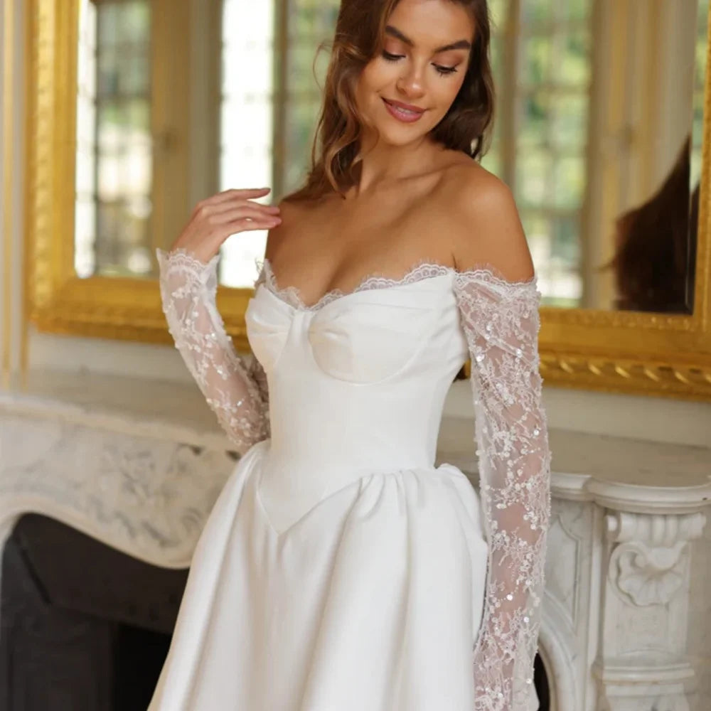 Customized White Lace Long Sleeves Strapless Short Skirt Serene Hill Dresses Satin Wedding Dress 2024