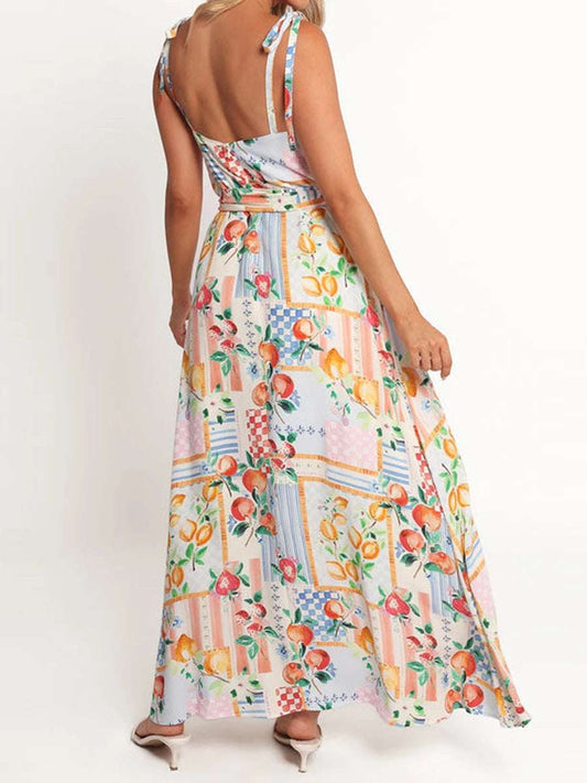 Women Floral Print Sleeveless Maxi Dress with V-Neckline and Adjustable Spaghetti Straps for Summer Beach Wedding Party