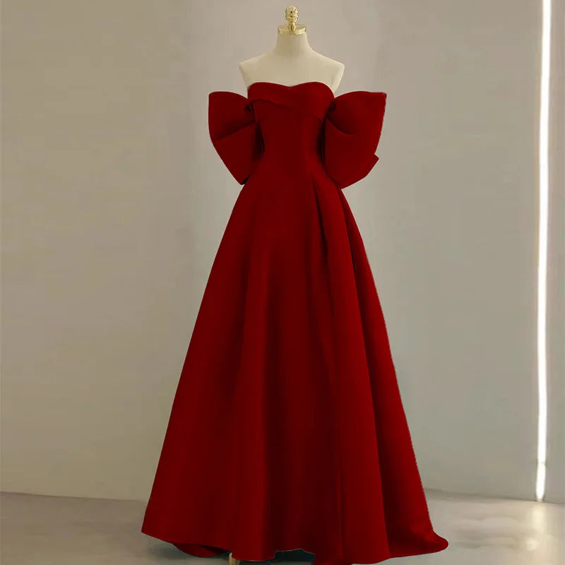 Cute Strapless Burgundy Wedding Dress Qipao Elegant Back Bow A-Line Maxi Dress Formal Party Dress Sweet Princess Banquet Dress