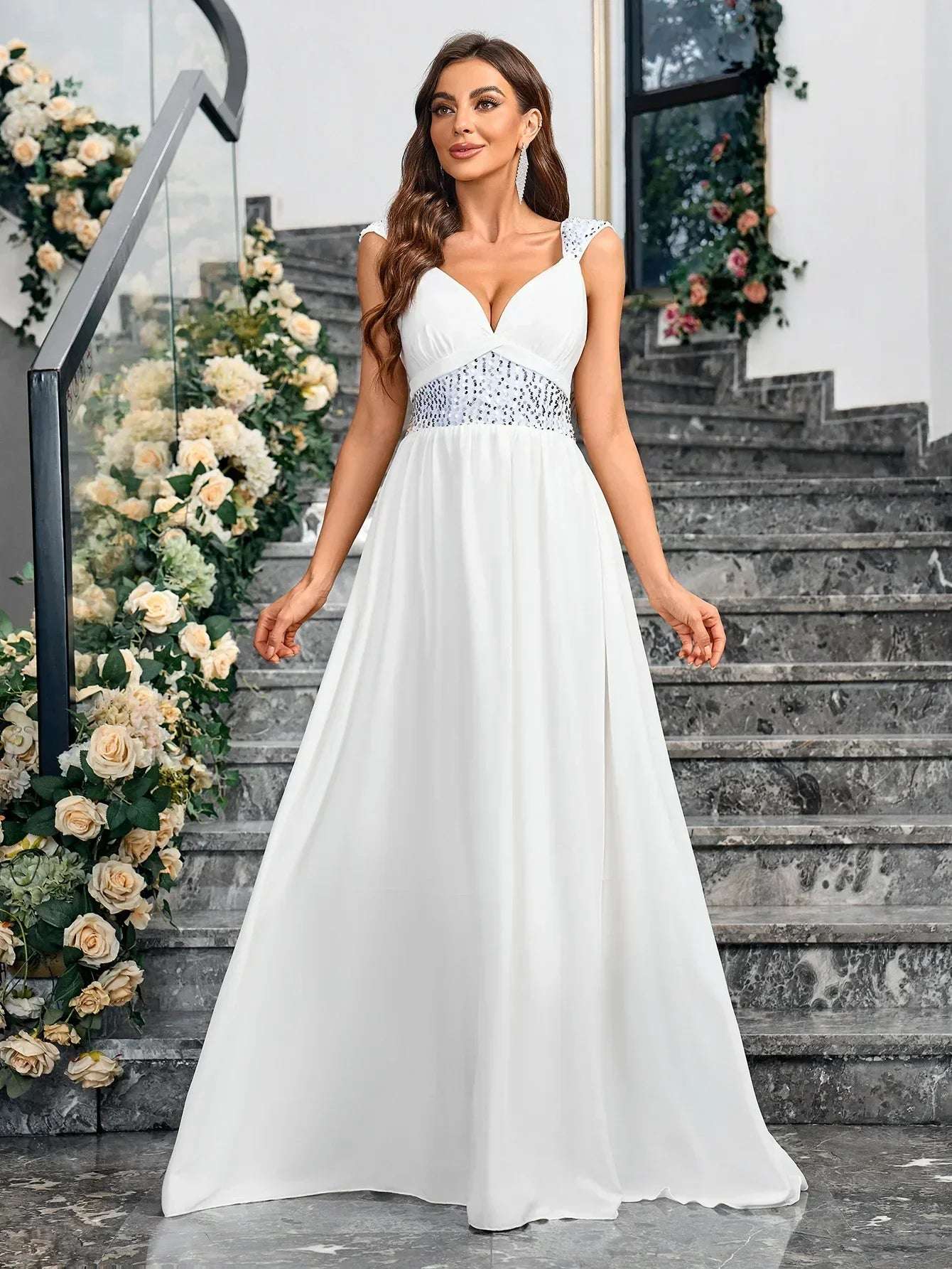 Wedding Dress Spaghetti Strap Sparkly White Satin  Long Evening Dress Women'S Pleat  Waist Sequin Party Prom Dress