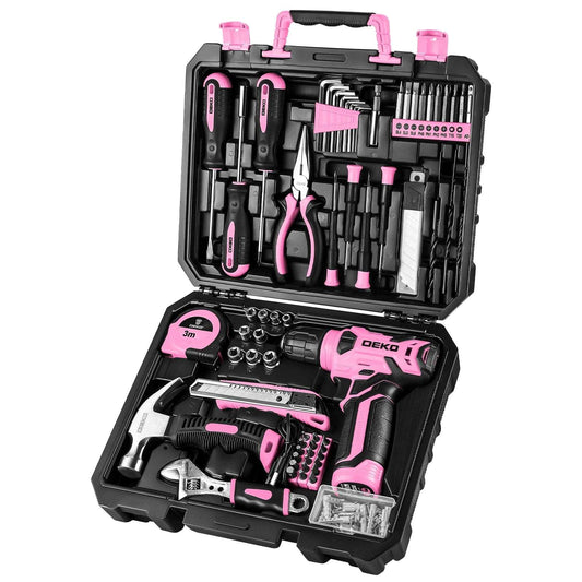 DEKO 126Pcs Power Tool Combo Kits with 8V Cordless Drill,10MM 3/8'' Keyless Chuck, Professional Home household DIY Hand Tool Kits
