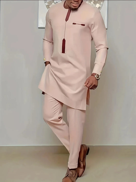 Men's Casual Long-Sleeved Two-Piece Set: Mid-Length Top and Trousers