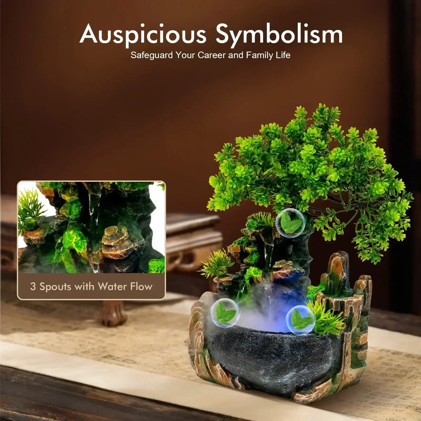 Led Lights Resin Rockery Flowing Water Fountain Office Desktop Ornaments With Nebulizer Home Decoration