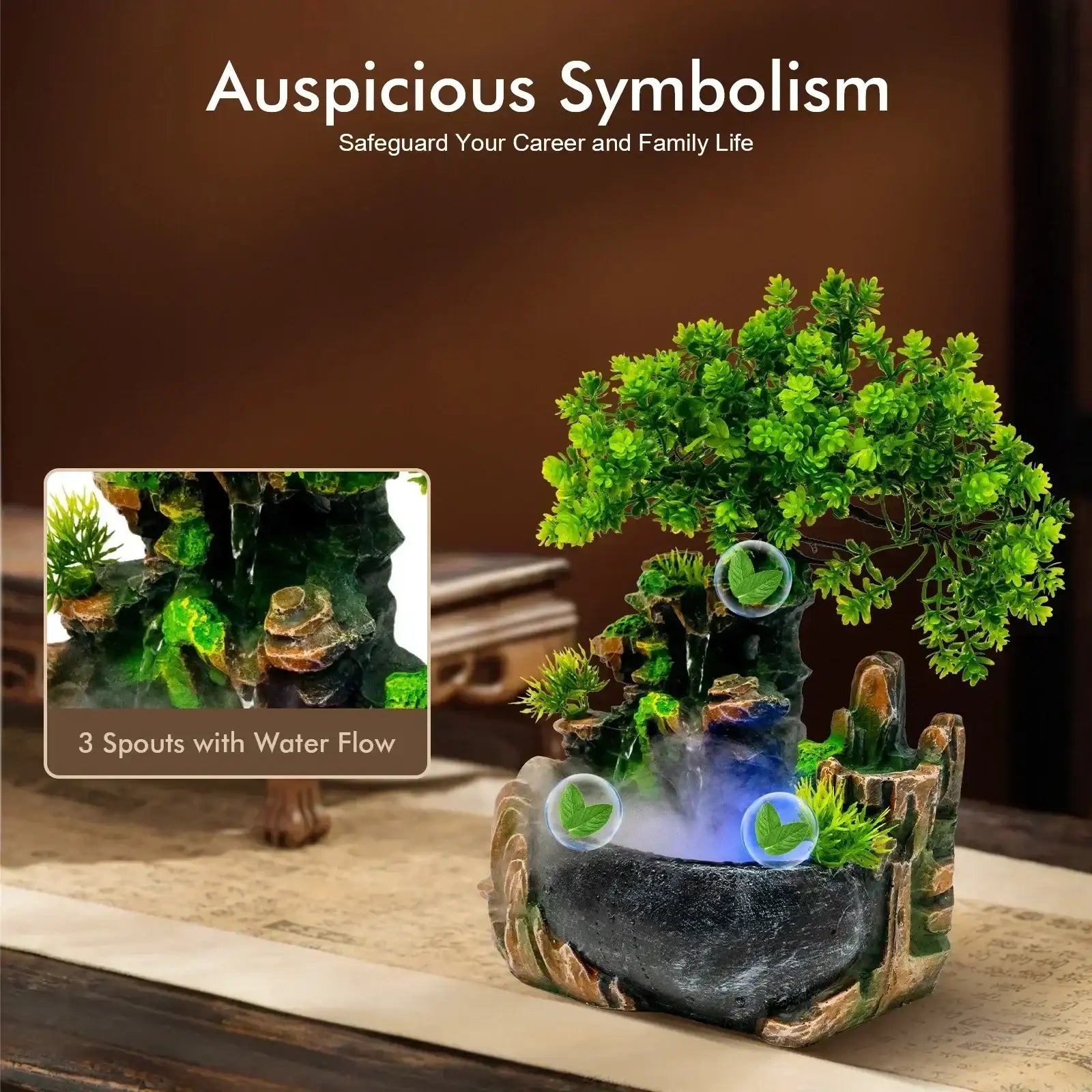 Led Lights Resin Rockery Flowing Water Fountain Office Desktop Ornaments With Nebulizer Home Decoration