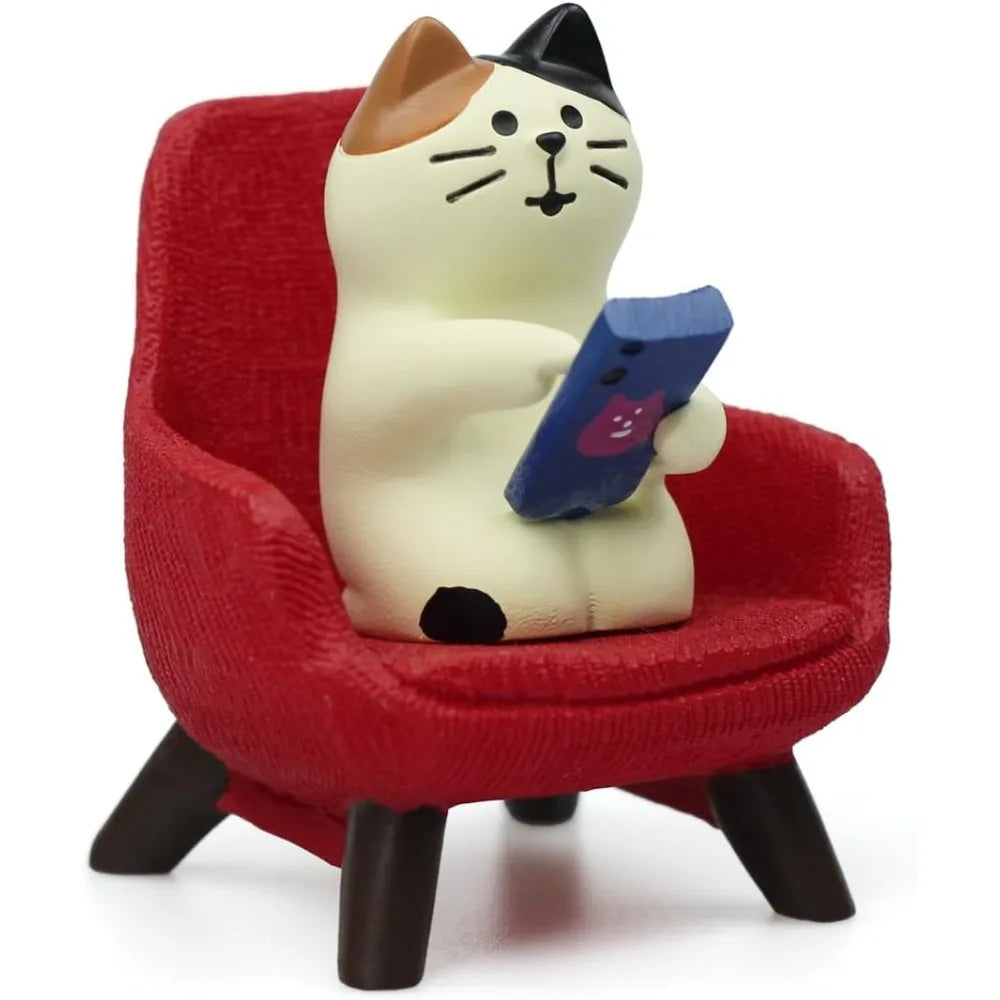Gorgeous Cat Playing Phone on Sofa Resin Mini Cat Figurine Desk Decor - Gorgeous Cat Gift for Cat Lovers (Red Sofa)