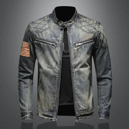 Vintage Denim Jacket Men's Zip Stand Up Cotton Slim Fit Denim Coat Classic Cowboy Motorcycle Trucker Jacket Outwear