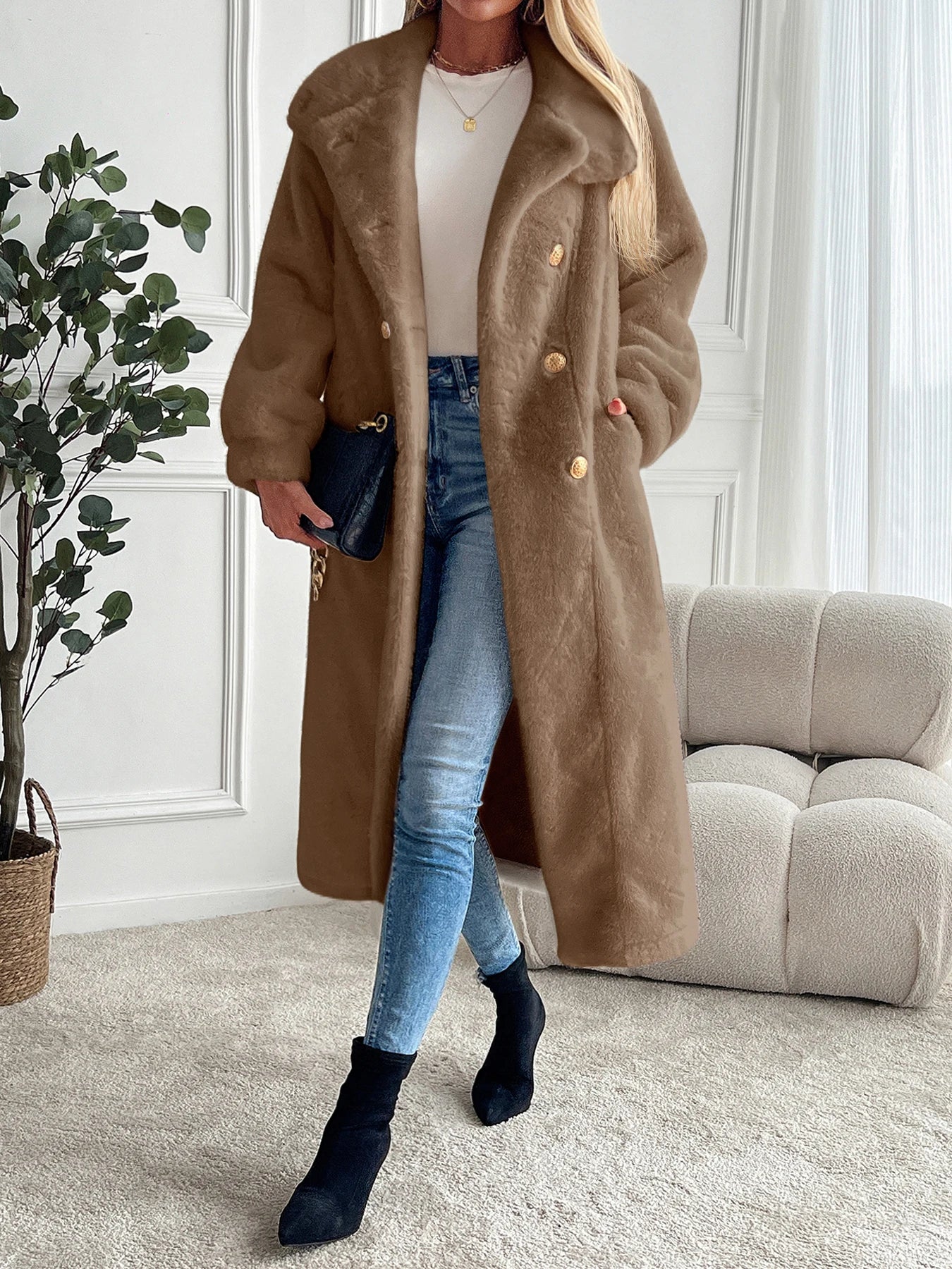 Faux fur coat long coat Women lapel double-breasted loose warm high-end atmospheric coat jacket 24 autumn and winter new