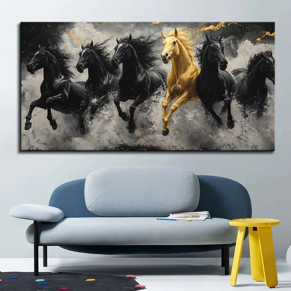 1.5 " thick pine solid wood frame, horse canvas mural, eight running horses oil painting, animal painting art