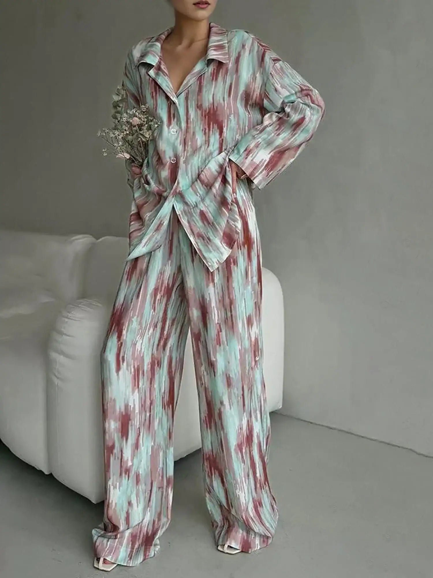 Women 2 Piece Pajama Set Long Sleeve Floral Print Button Up Shirt Pants Set Sleepwear Loungewear with Pockets