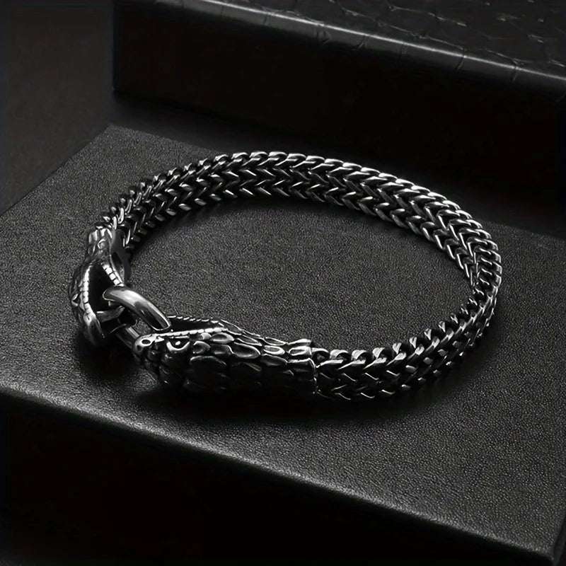 1Pc Retro Classic Snake Head Animal Stainless Steel Bracelet With Ring Buckle Men's Halloween Party Jewelry Gift Accessories