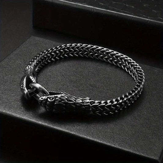 1Pc Retro Classic Snake Head Animal Stainless Steel Bracelet With Ring Buckle Men's Halloween Party Jewelry Gift Accessories
