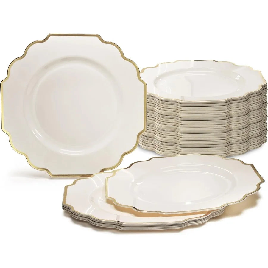120 Plates Pack, Heavyweight Disposable Wedding Party Plastic Plates (8'' Appetizer/Dessert Plateimperial In Ivory & Gold)