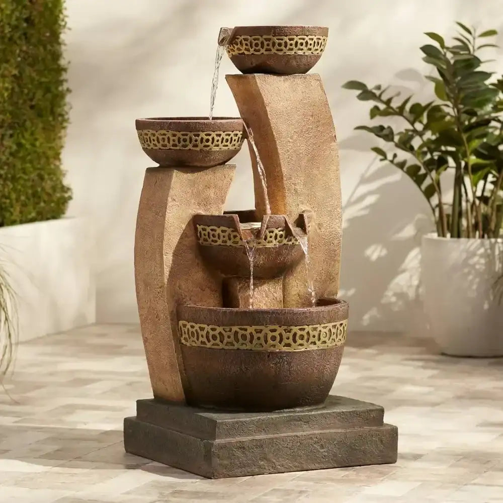 Four Bowl Modern Rustic Outdoor Cascading Floor Water Fountain With Led Light Faux Stone  For Yard Garden Patio Backyard Deck