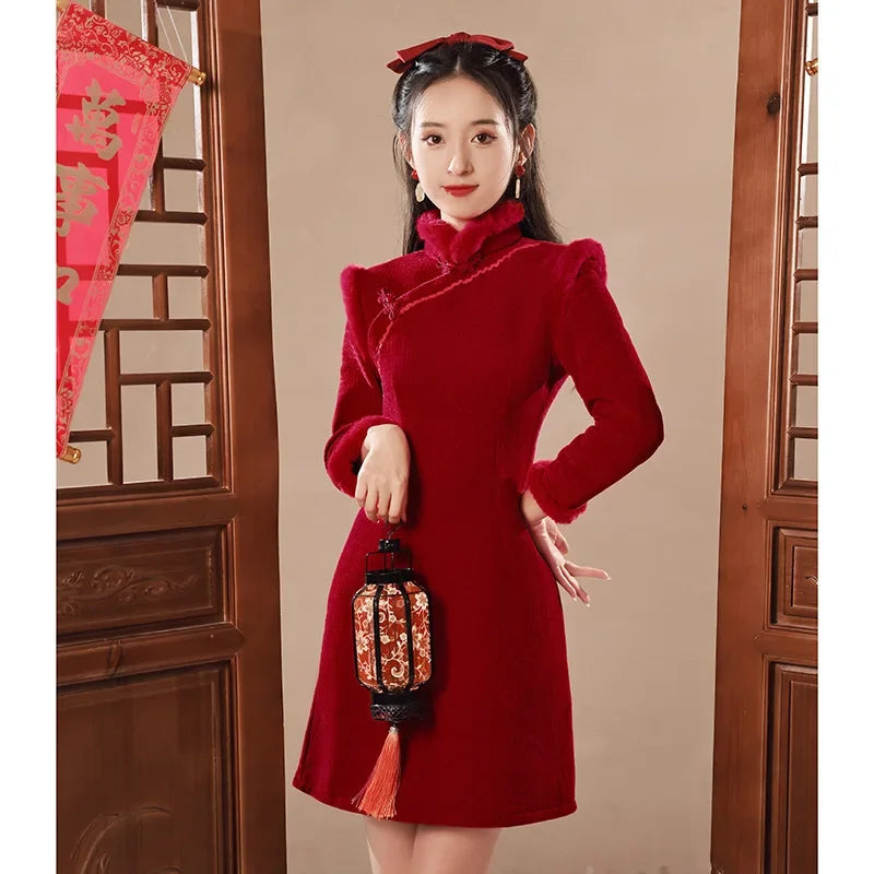 Yourqipao Winter Cheongsam Winter Short Red New Year Wedding Toast Qipao Women Engagement Chinese Dress