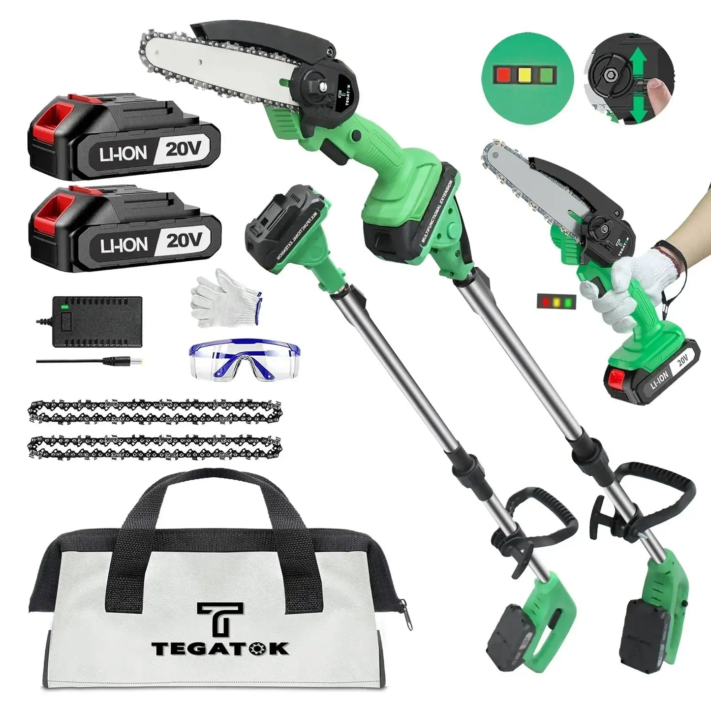 Tegtatok 2-in-1 Cordless Pole Saw & Mini Chainsaw with 2 ReplaceMen'st Chain, 20V Battery Pole Chainsaw.