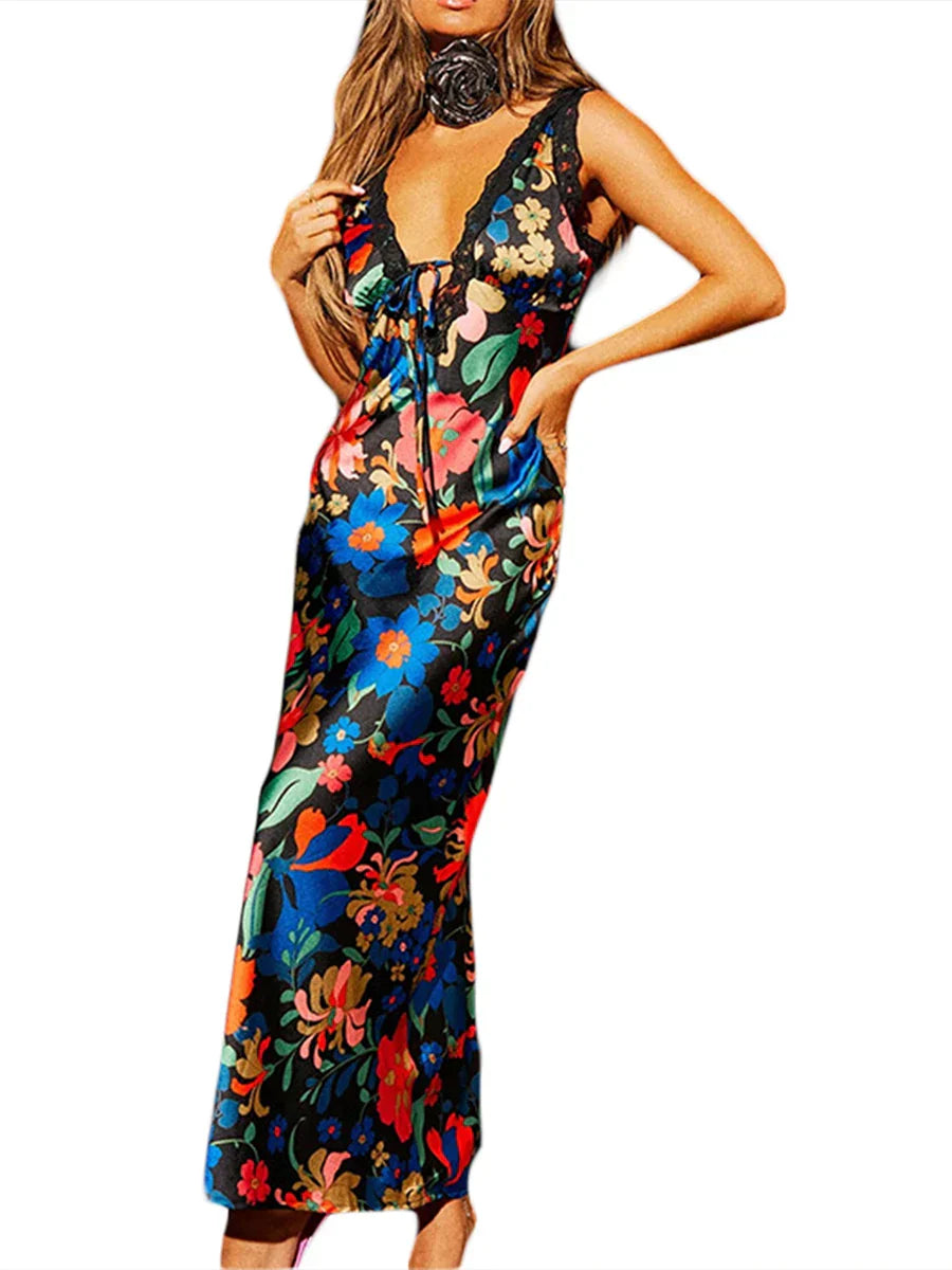 Womenlip Dress Sleeveless V-neck Flower Print Summer Dress Lace Patchwork Long Dress