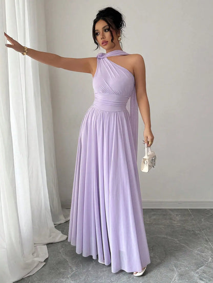 Women'S Lavender One-Shoulder Flowing Maxi Dress - Draped Neck Pleated Skirt For Weddings & Events