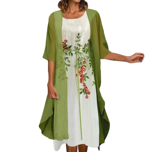 Women'S Vintage Sleeveless Lace Print Midi Dress With Tulle Cardigan Suitable For Cocktail, Bridesmaid, Wedding Evening