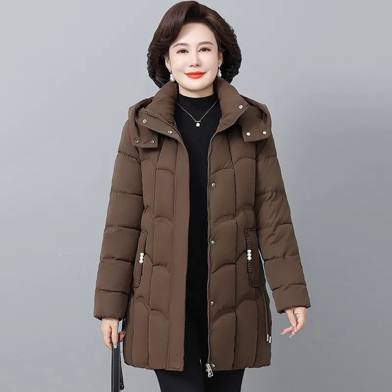 Women Winter Thickened Jackets Down Cotton Parkas Hooded Quilted Long Pockets coat Middle aged Female Overcoat