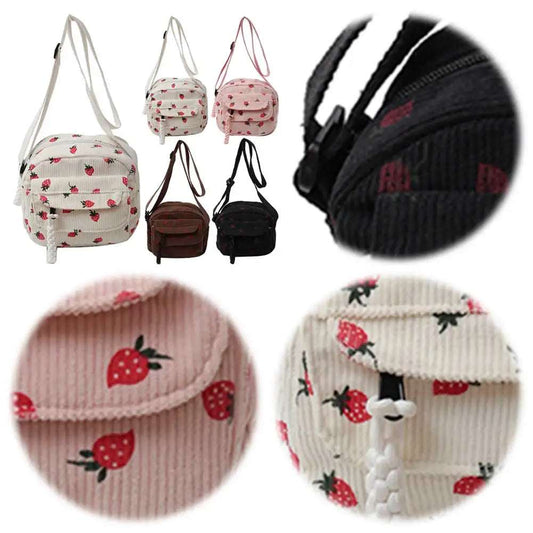 Strawberry Shoulder Bag Corduroy Trendy Crossbody Bag Casual Zipper Messenger Bag for Women Girls Travel Work