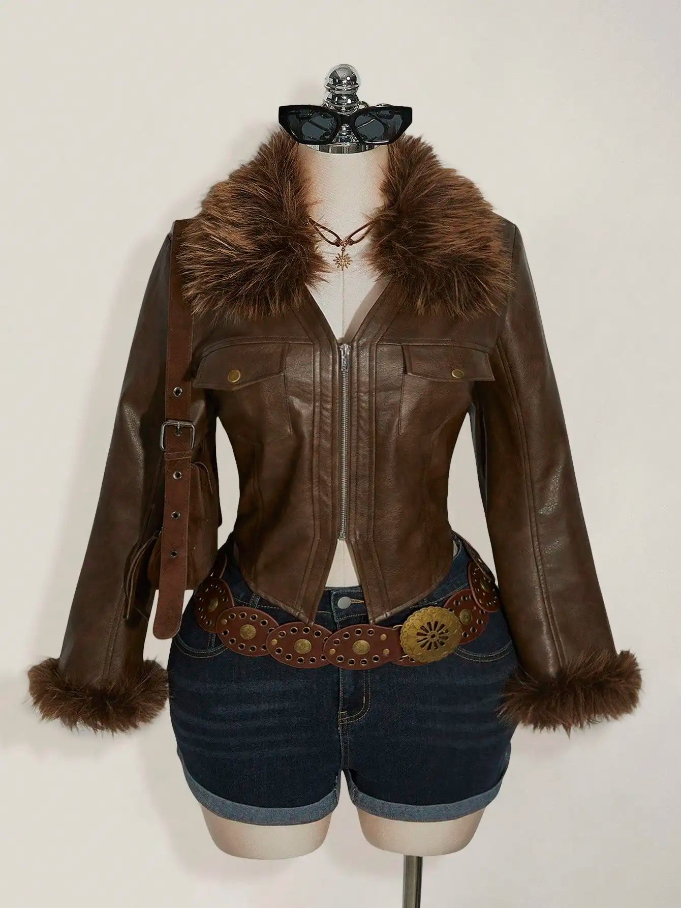 Brown Pu Leather Moto Jacket With Faux Fur Collar & Cuffs For Women, Plus Size Fall Winter Style