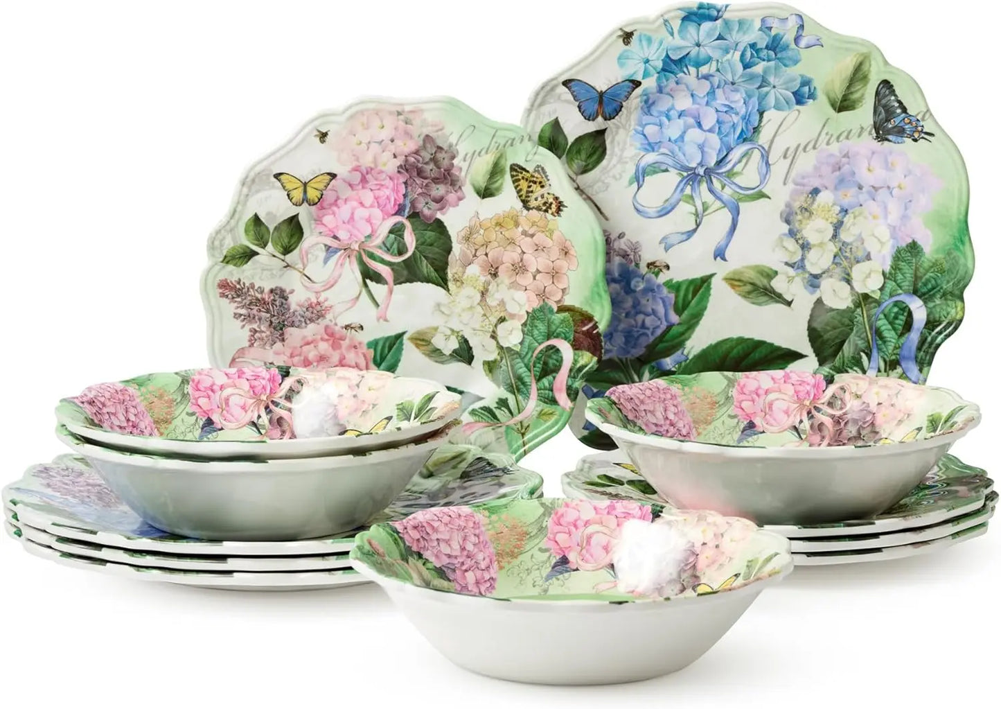 Garden Path Melamine 12-Piece Dinnerware Set - Hydrangea Design, Service For 4 With Dinner Plates, Salad Plates, And Bowls - Dur