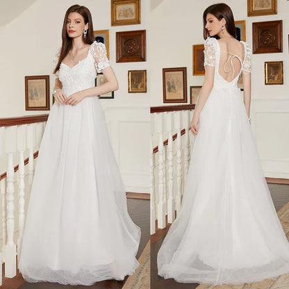 Elegant Evening Dress Mermaid Wedding Dress Lace Backless V Neck Sleev