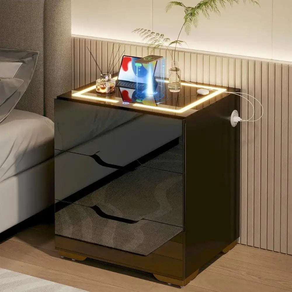 Nightstand with Wireless Charging Station & 2 USB, LED Smart Night Stand Bedside Table End Table with 3 Drawers,3 Color Dimmable