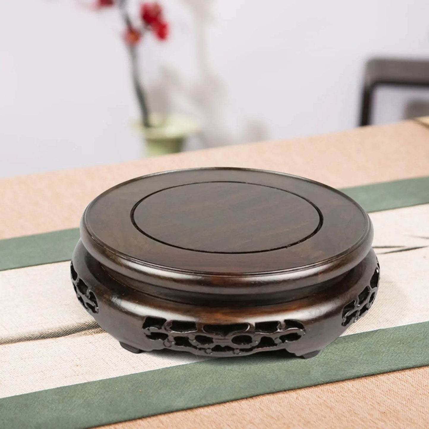 Chinese Wooden Display Stand Hand Carved Round Pedestal Bonsai Teapot Vase Base Durable and Firm Place Vases and Bonsai