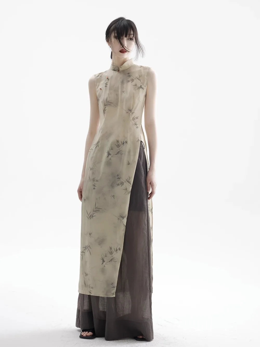 vietnam classic traditional sleeveless ao dai Breathable chinese national style cheongsam with Trousers vintage elegant dress