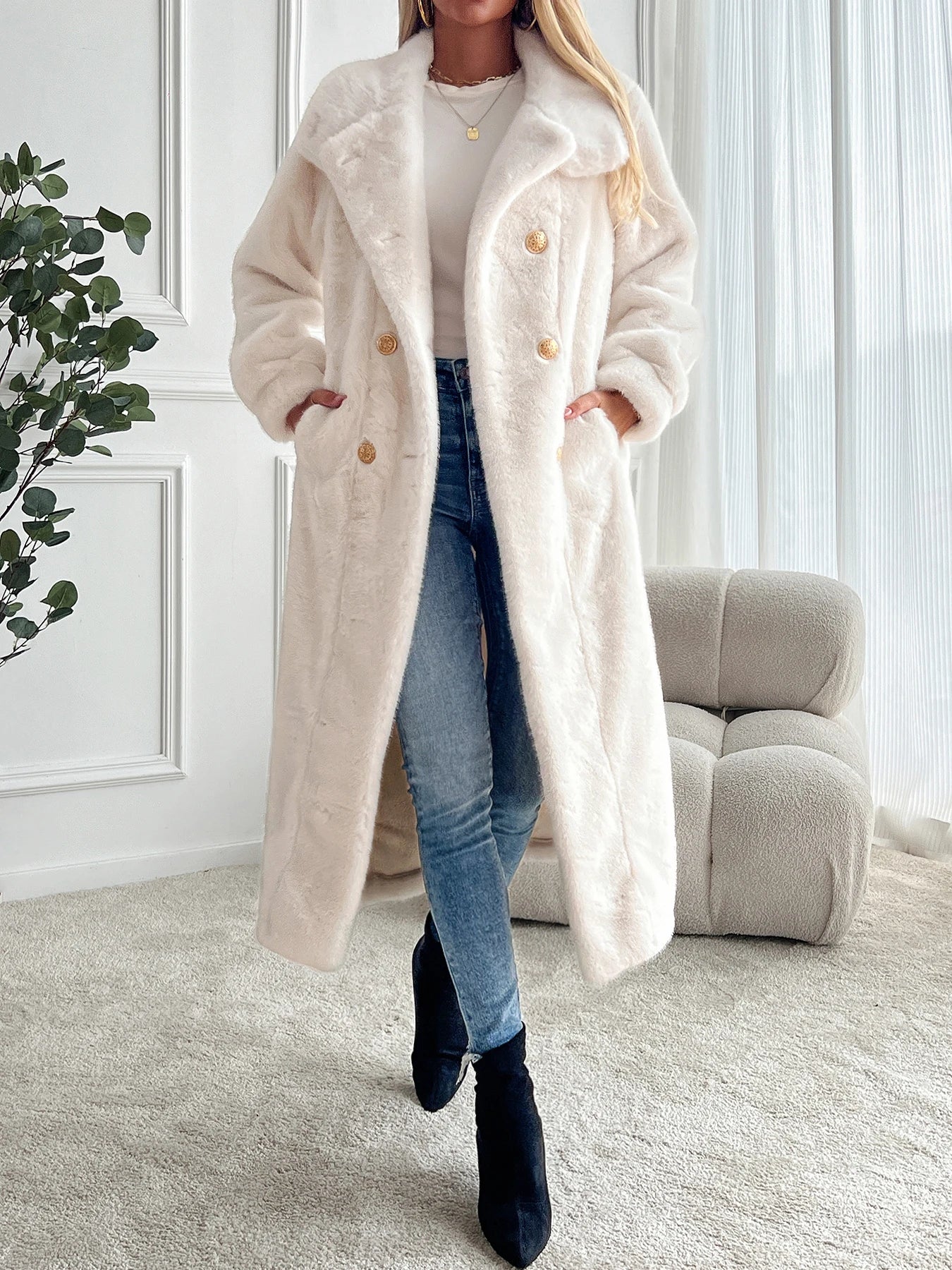 Faux fur coat long coat Women lapel double-breasted loose warm high-end atmospheric coat jacket 24 autumn and winter new