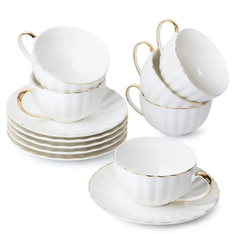 White Tea Cups And Saucers Set Of 6 7 Oz, Porcelain White Tea Cup Set With Golden Trim Design, Dishwasher Safe, Christmas Gifts