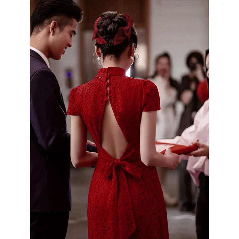 Chinese Elegant Retro Wedding Dress Bride'S Short Sleeved Backless Dance Cocktail Dress