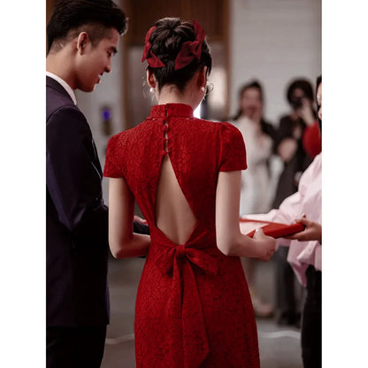 Chinese Elegant Retro Wedding Dress Bride'S Short Sleeved Backless Dance Cocktail Dress