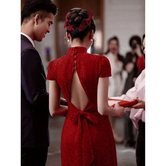 Chinese Elegant Retro Wedding Dress Bride'S Short Sleeved Backless Dance Cocktail Dress