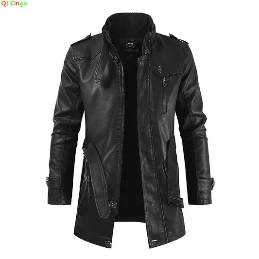 Winter Men's Thick Fleece Leather Jacket Coat Long Outwear Fashion Warm Casual