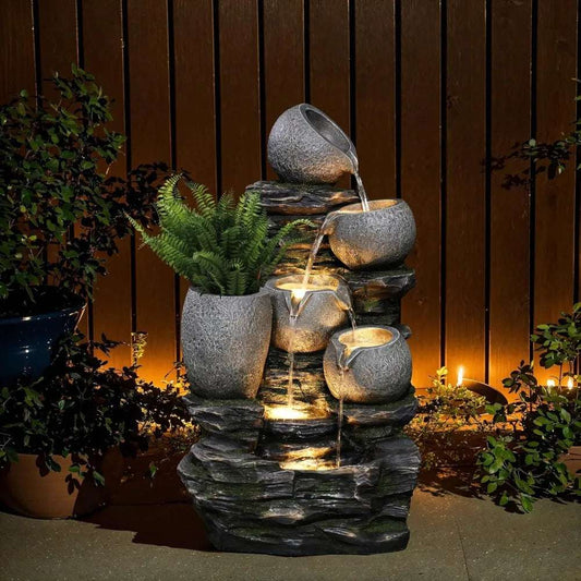 30 " Tall Outdoor Water Fountain, 4 Tiers Cascading Pots & Rock Cascading Fountain Outdoor and Indoor with LED Lights