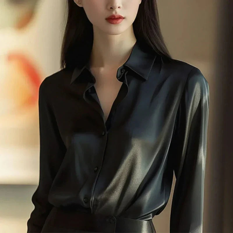 Vintage Luxury Spring Autumn Glossy Shirts Turn-down Collar Solid Single Breasted Long Sleeve Women New Temperament Chic Blouses