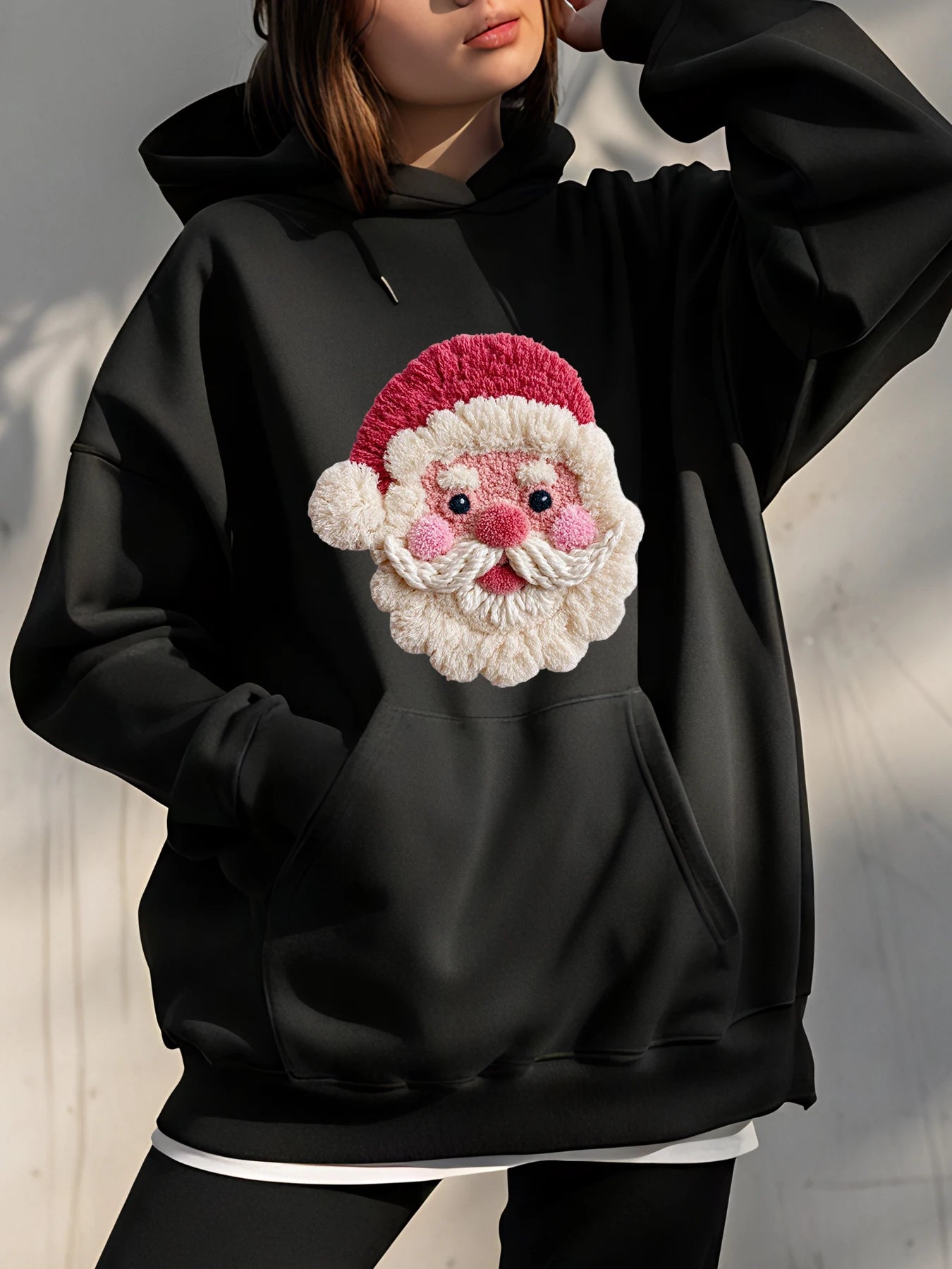 Christmas Santa Claus Print Hoodie Women's Casual Winter Sweatshirt Black Plus Size Fashion Sweater for Holiday Season