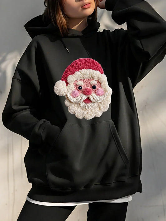 Christmas Santa Claus Print Hoodie WoMen's Casual Winter Sweatshirt Black Plus Size Fashion Sweater for Holiday Season
