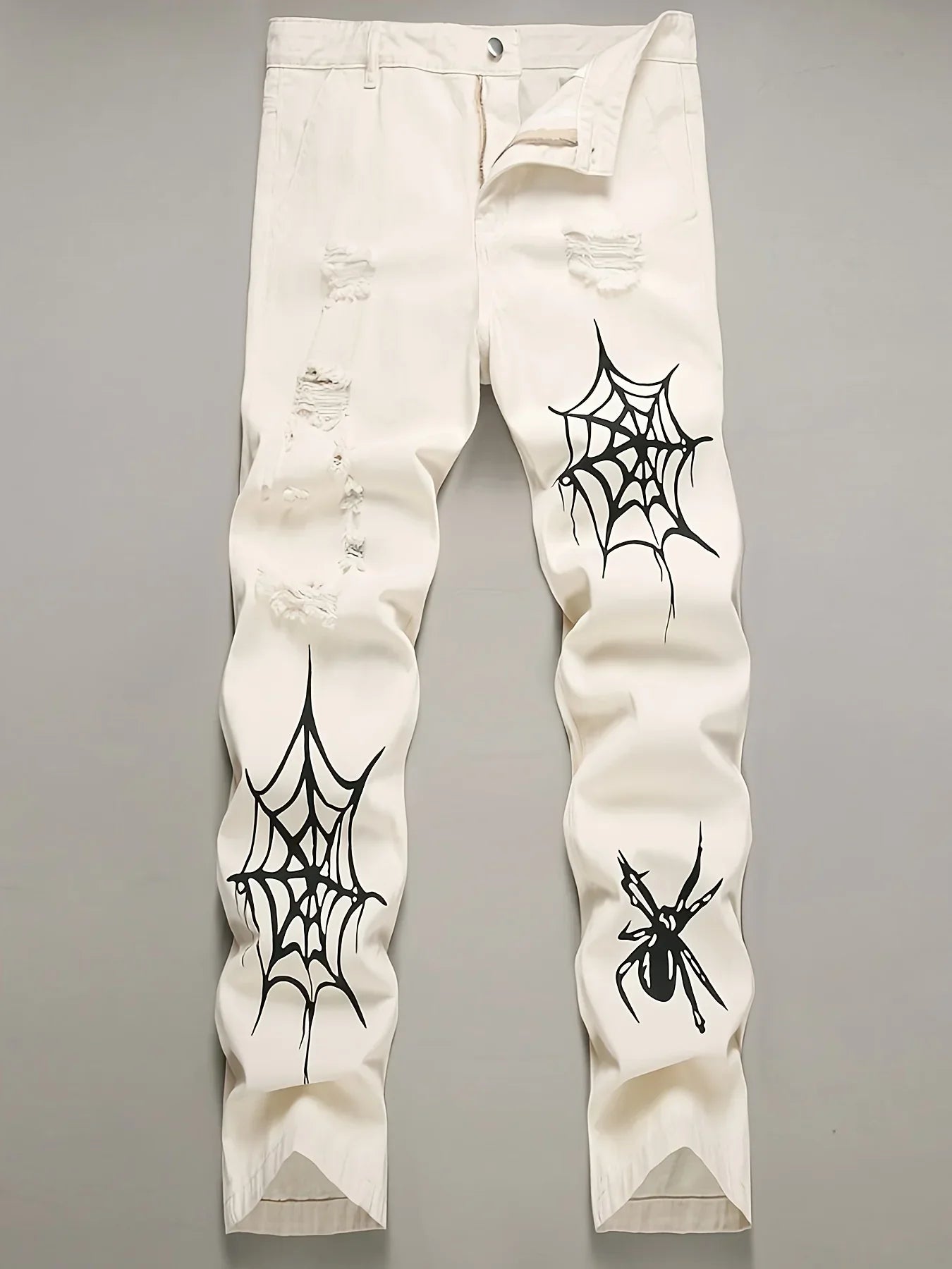 Men'S Spider Web Print Worn-Out Loose Jeans  Beige Denim, Mid Waist, Zipper Fly, Xsxl