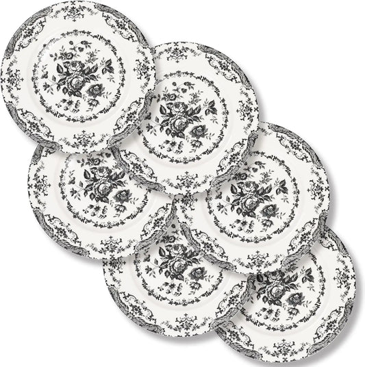 6-Piece Ceramic Dinner Plates Set, 10.5 Inch Microwave Safe Porcelain Floral Black Kitchenware
