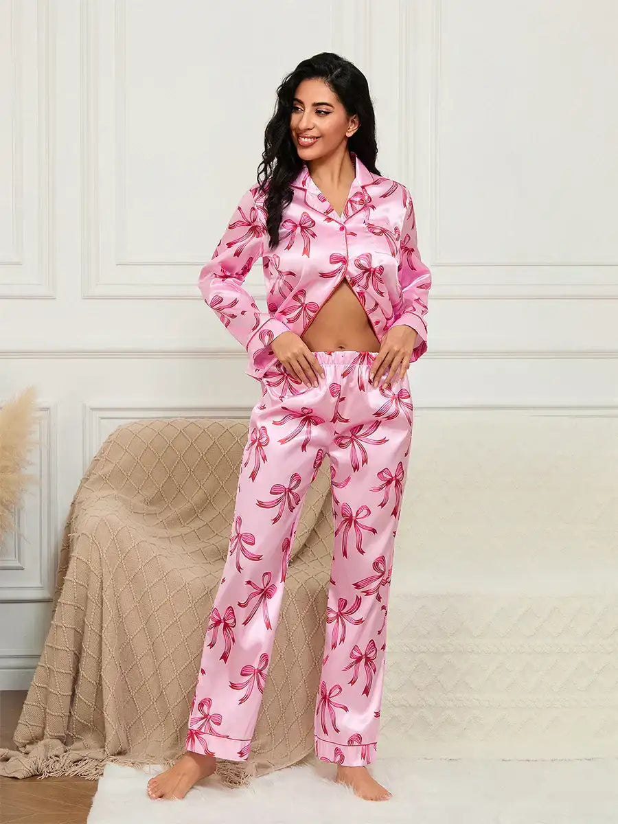 Women'S 2 Piece Lounge Set Long Sleeve Lapel Bow Print Shirt Pants Sleepwear Sets With Cozy Fabric And Design