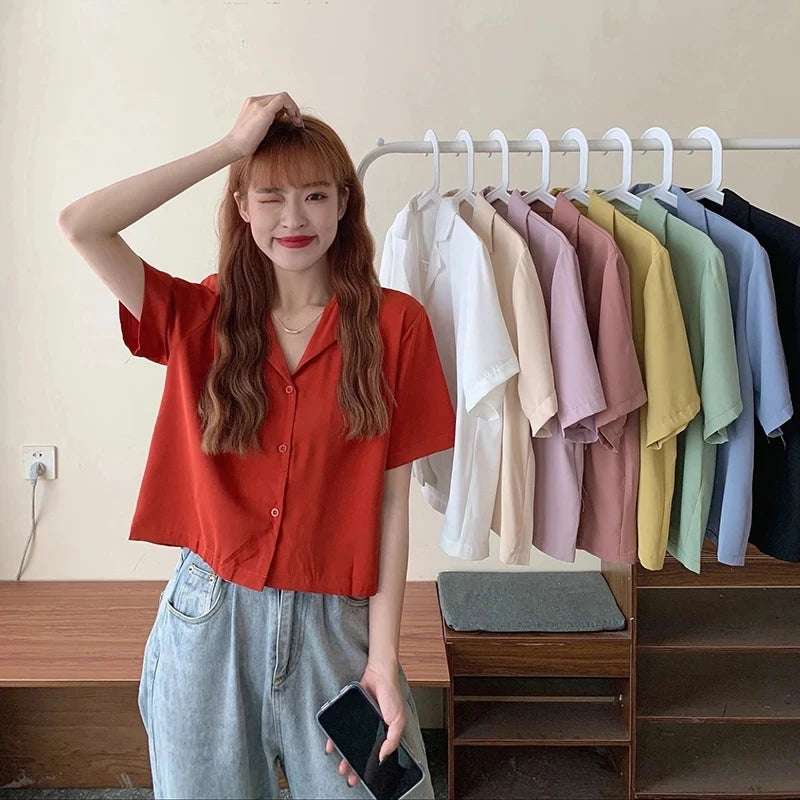 Shirts Women'S Korean Short Sleeve Turn Down Collar Loose Blouse Office Lady Retro All Match Solid Basic Casual Top
