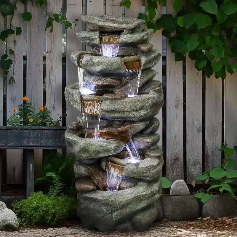 High Rocks Outdoor Water Fountain - 6-Tiers Cascading Waterfall with LED Lights, Soothing Tranquility for Home Garden,