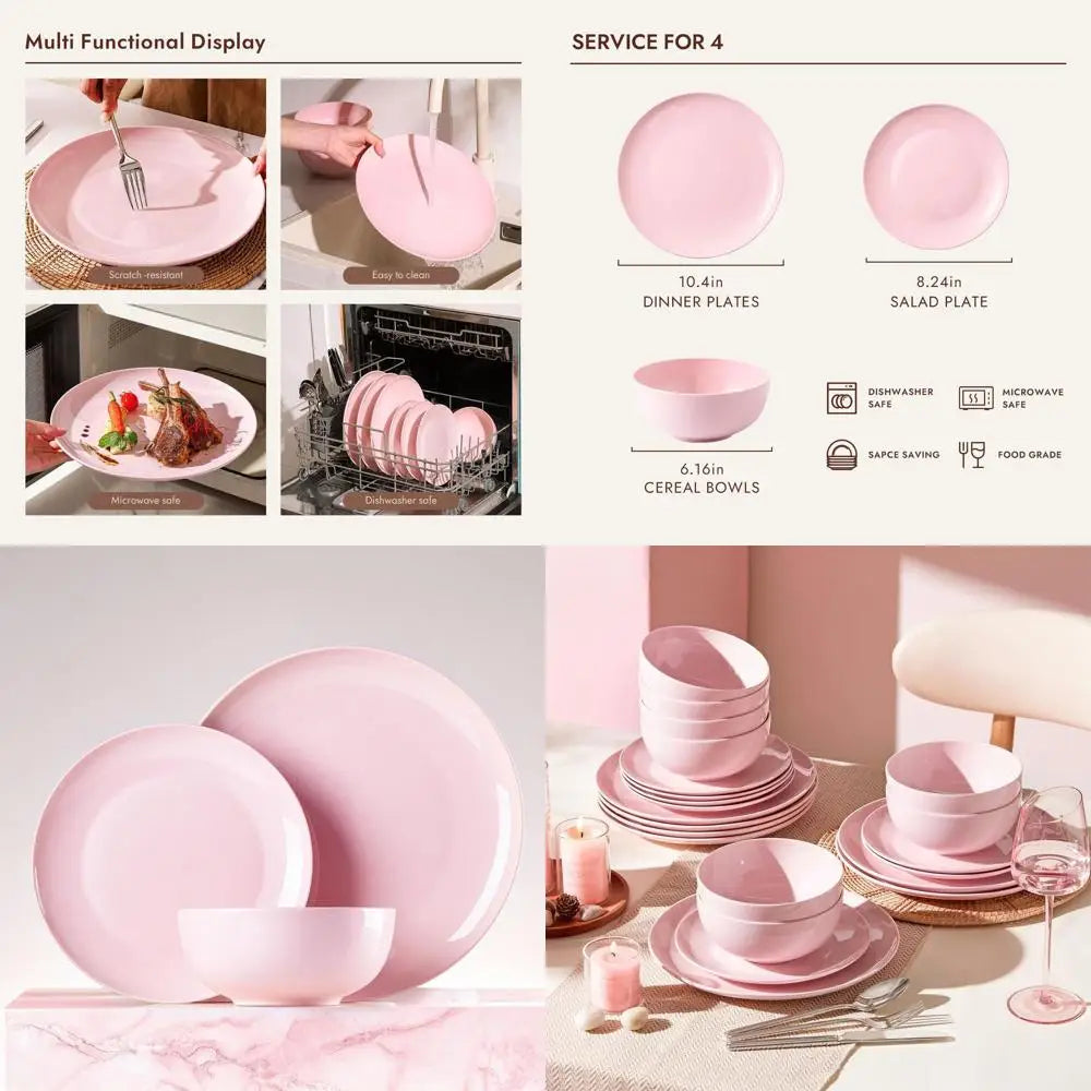 Elegant Pink 12-Piece Bone China Dinnerware Set, Durable And Dishwasher Safe For 4, Perfect For Everyday Use