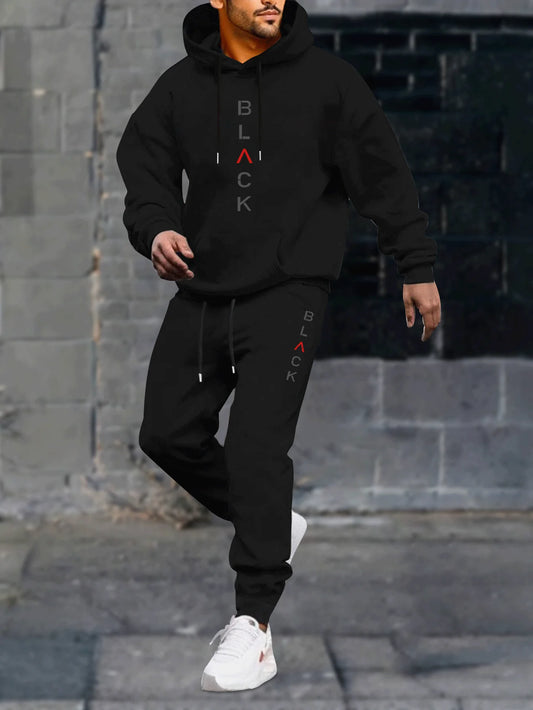 Black retro letter print, men's two-piece set, casual round neck long sleeved hooded sweatshirt and sweatpants set, suitable for